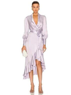 zimmermann asymmetric ruffled silk-satin midi wrap dress Silk Satin Asymmetric Ruffled Wrap Midi Dress